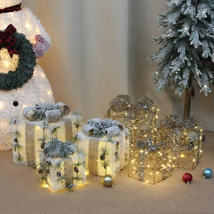 Christmas Decorative Glowing Gift Boxes LED Lighted Iron Art Flocking Snow Design With Bow Ornament For Home Hotel Mall Scene Layout Xmas Party Decor