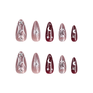 Burgundy and purple almond press-on nails with silver moon, stars and crystal charms