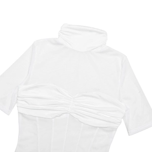 Detailed close-up of white high-neck short sleeve dress with elegant pleated bust design