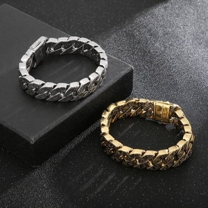 Vintage Cuban chain bracelet in 316L stainless steel with engraved floral patterns