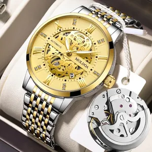Business automatic mechanical watch with gold skeleton dial and two-tone steel strap