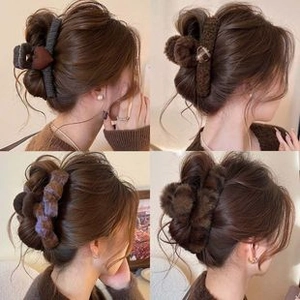 Collage of four cute plush and knitted puppy hair claws shown on model from back view