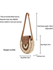 Handwoven round crossbody bag in bohemian style with size specifications shown