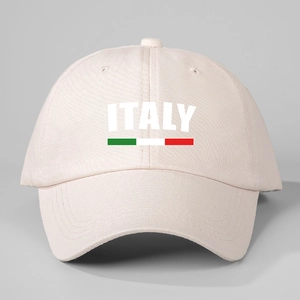 Classic beige Italy baseball cap with tricolor flag stripes and curved brim for travel