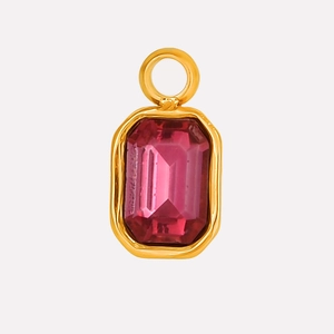 Detail of rose red rectangular crystal pendant in gold stainless steel setting