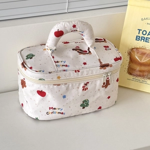Christmas dachshund pattern cosmetic bag with top handle and festive holiday prints