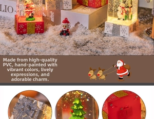 Close-up of hand-painted PVC Christmas snow globe with glowing Santa and snowman figures