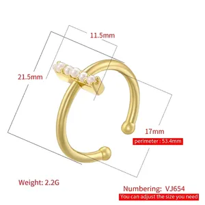Elegant gold finish pearl letter ring with dimension details and adjustable band size
