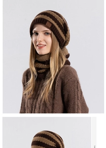 Detail view of brown striped winter knitted hat and neck gaiter set for outdoor warmth