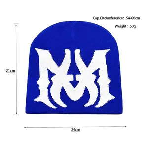 Blue knitted beanie with white jacquard M letter, 21x20cm size for 54-60cm head circumference