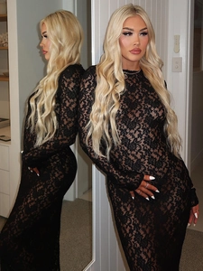 Sexy See Through Lace Maxi Dress Hollow Out Long Sleeve Round Neck Bodycon Slim Fit Flower Pattern Evening Party Women