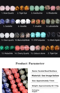 Macro detail of faceted natural stone beads necklace with product specifications table