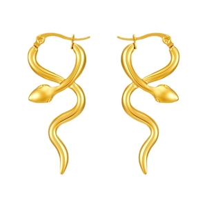 Polished gold stainless steel snake hoop earrings with minimalist wrap design on white background