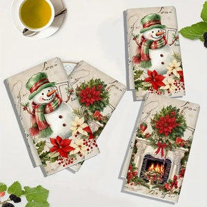 Set of four vintage Christmas microfiber kitchen towels featuring festive snowman and fireplace