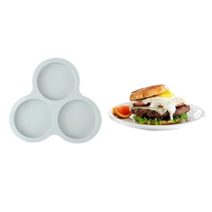 3-cavity gray silicone round cake mold for burgers and baking on white background