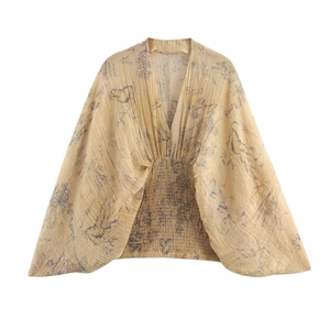 Vintage Floral Print V Neck Pleated Blouse Lantern Long Sleeve Elastic Waist Polyester Batwing Top For Women