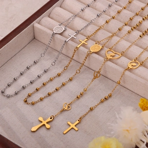 Cross Pendant Rosary Necklace Stainless Steel Virgin Mary Medal Y-Shaped Chain Religious Jewelry For Women Simple Style