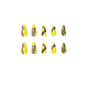Artistic yellow stiletto press-on nails with black geometric lines and abstract patterns