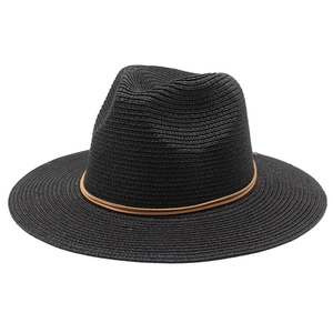 Detail of black straw fedora showing fine horizontal weave and brown leather cord band