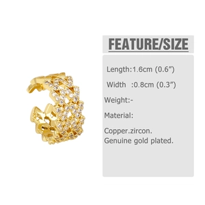 Detail view of gold plated ear cuff with zircon inlay showing 1.6cm length size