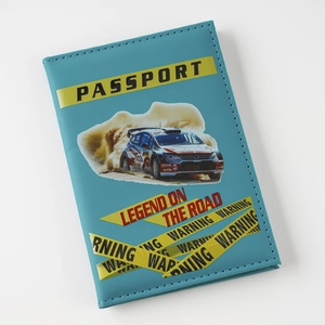 Blue PU leather passport cover with racing car graphic, travel document protector.