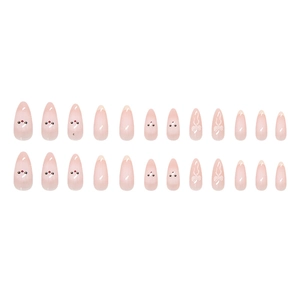 Faux ongles French jaune crème avec motifs de chats mignons et nœuds blancs