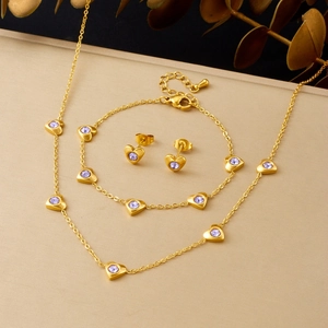 Forme De Coeur Strass Violet Acier Inoxydable Plaqué Or Collier Bracelet Et Boucles D'oreilles Bijoux Pour Femmes Style Coréen Simple Exquis