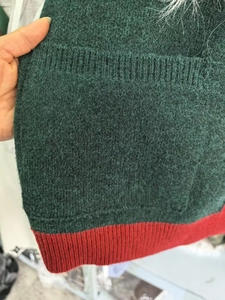Detailed macro view of dark green knitted texture and white fur collar on a festive cardigan