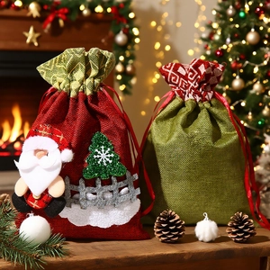 Christmas burlap drawstring gift bags with Santa Claus and tree applique decorations