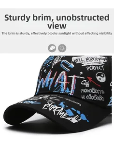 Detail of hip hop baseball cap featuring street graffiti prints and shaped brim
