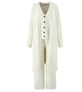 Flat lay of cream three-piece knit set featuring long cardigan, vest, and wide-leg pants
