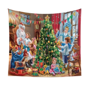 Weihnachtswandteppich mit Weihnachtsmann, festlichem Baum und Kindern beim Schenken