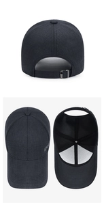 Detail of adjustable metal buckle and mesh lining on dark grey textured baseball cap
