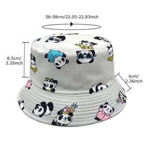 Reversible bucket hat with cartoon panda patterns and detailed size measurements