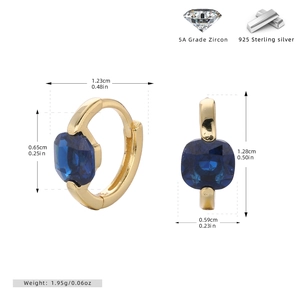 Detailed macro view showing 925 sterling silver earrings with blue 5A zircon and dimensions