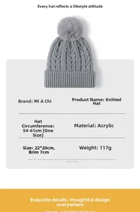 Tabla de tallas para gorro de punto jacquard con pompón y medida de cabeza 54-61 cm