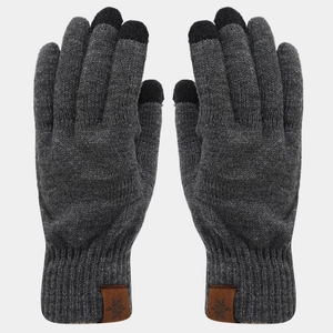 Close-up of gray knit gloves with touch screen fingertips and leather snowflake patch