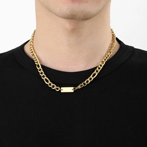 Men's gold titanium necklace featuring Cuban Figaro chain links and blank square pendant