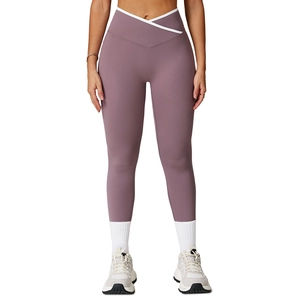 High-waist crossover yoga legging in rookpaars met witte contrasterende biesjes