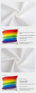 Macro detail of rainbow print cushions in short plush and velvet fabrics, 45x45cm size