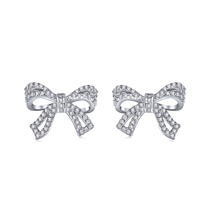 Elegant S925 sterling silver bow stud earrings with sparkling pave-set cubic zirconia stones