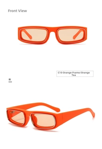 Front and side views of orange retro sunglasses with translucent tea lenses