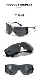Detailed views of Y2K rimless wrap sunglasses in black with silver rhinestone rivets