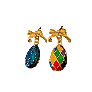 Vintage asymmetrical bow egg earrings with colorful harlequin enamel and gold plating