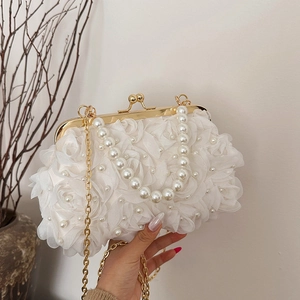 Sac De Soirée Fleur Rose En Tissu 3D Pochette Perlée Bandoulière Avec Chaîne Pour Mariage Fête Femmes Élégantes
