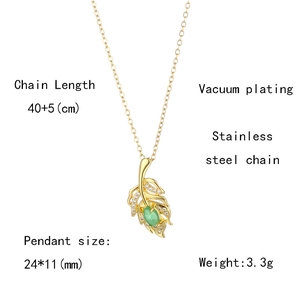 Detail showing gold leaf pendant dimensions with green stone and stainless steel chain info
