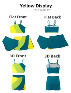 Costume da bagno tre pezzi per bambine con design color-block giallo e verde