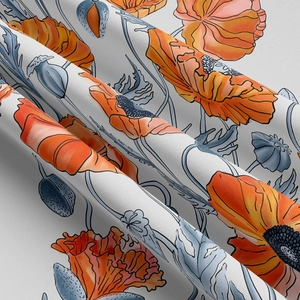 Detail of floral tapestry showing hand-painted orange poppy patterns on woven fabric