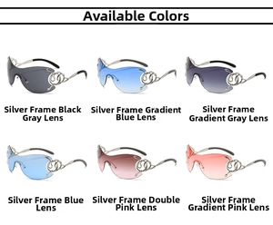 Detail view of oversized rimless sunglasses featuring silver snake-shaped metal temples