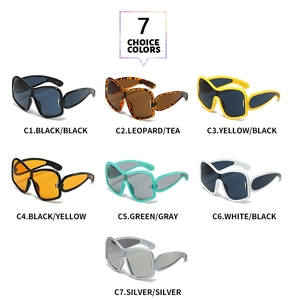 Showcase of seven color options for wrap-around Y2K shield sunglasses with thick temples